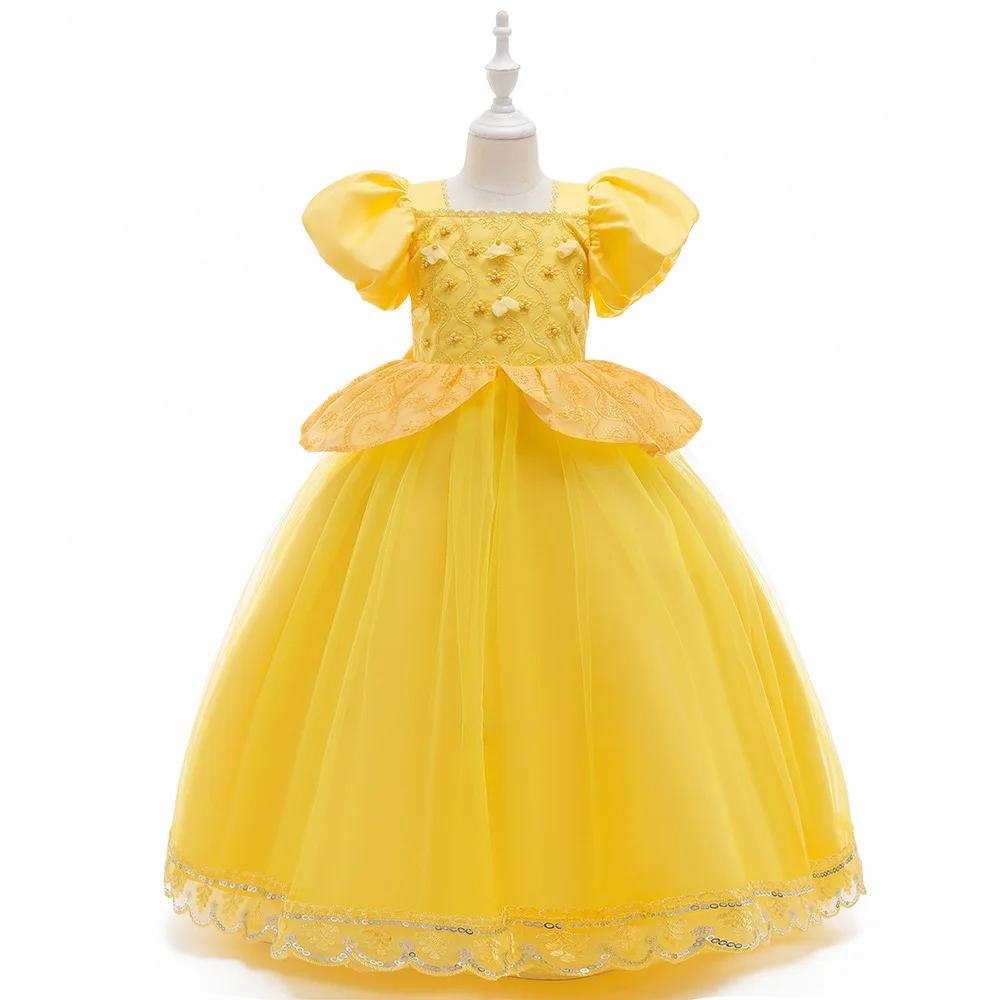 Girl Princess Belle Light Up Dress Glowing Princess Beauty LED Puff Sleeve Ball Gown