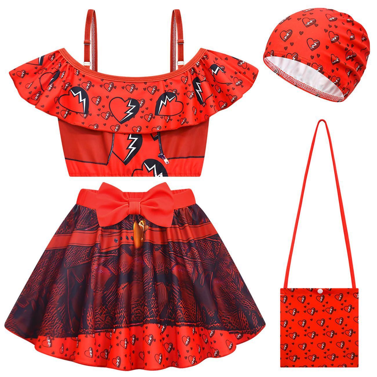 Girls Princess Red Swimsuit Red Offshoulder Tops Skirt and Swimming Cap for Beach Vacation