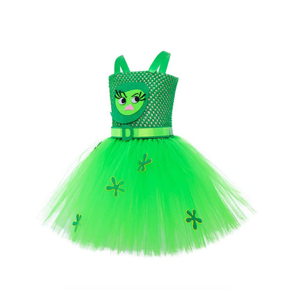 Girls Inside Disgust Costume Green Tutu Dress with Headband Outfit for Halloween Carnival