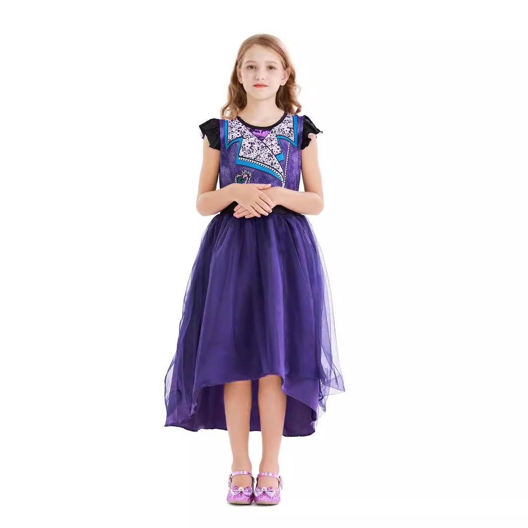 Girls Mal Dress Princess Fancy Party Tulle Dress Wig for Halloween Party