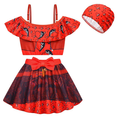 Girls Princess Red Swimsuit Red Offshoulder Tops Skirt and Swimming Cap for Beach Vacation