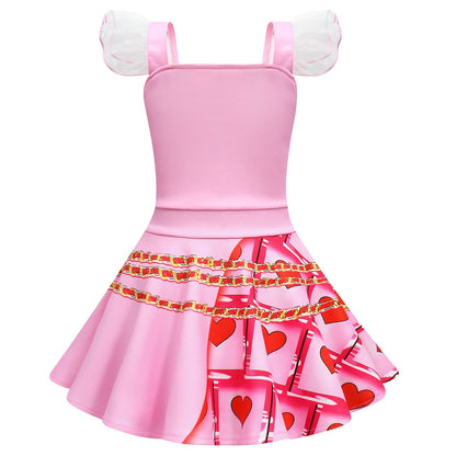 Girls Bridget Costume Queen of Hearts Pink Fly Sleeve Party Dress Bag and Gloves