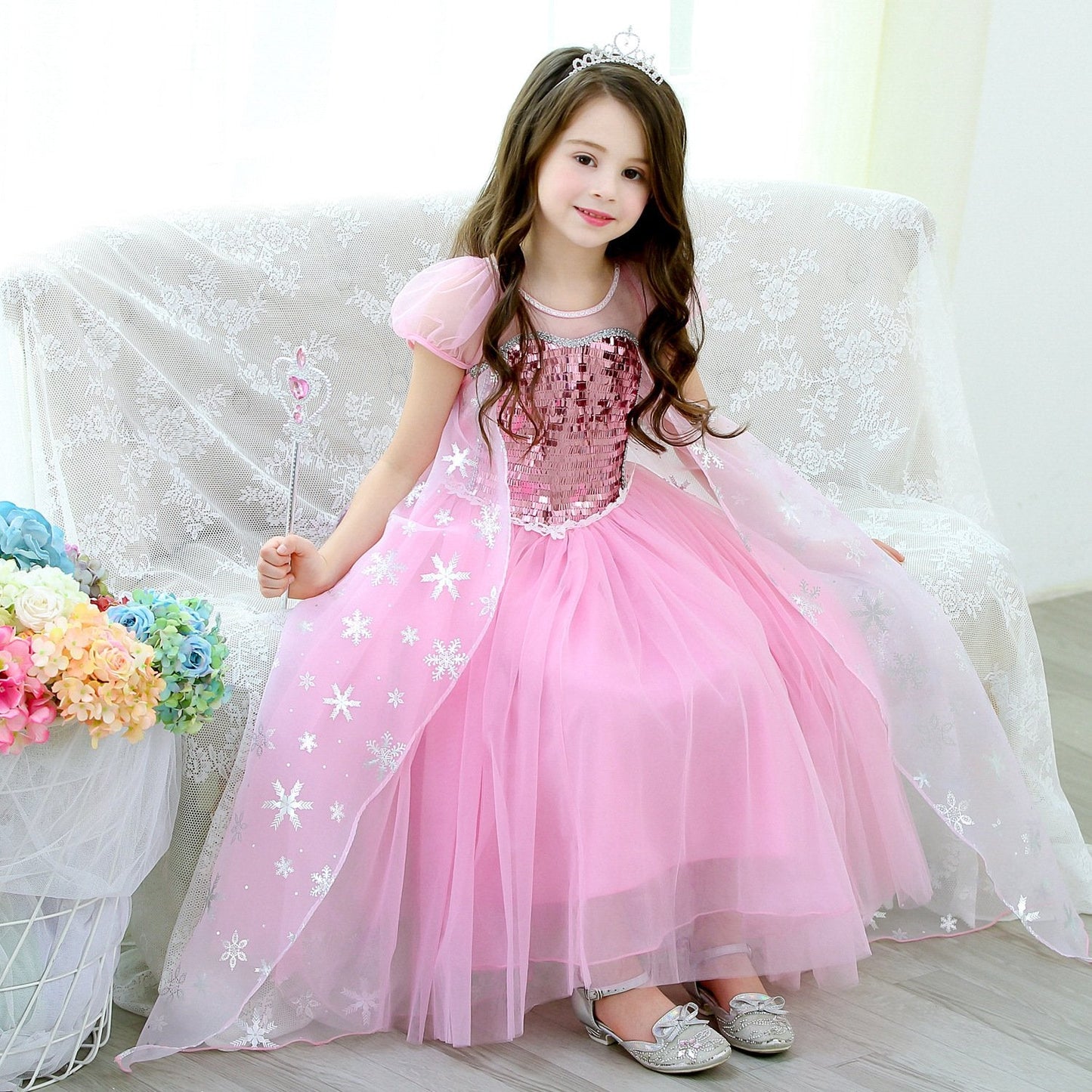 Kids Pink Elsa Dress Summer Party Dress Birthday Dress Up for Girls 3T-10 Years