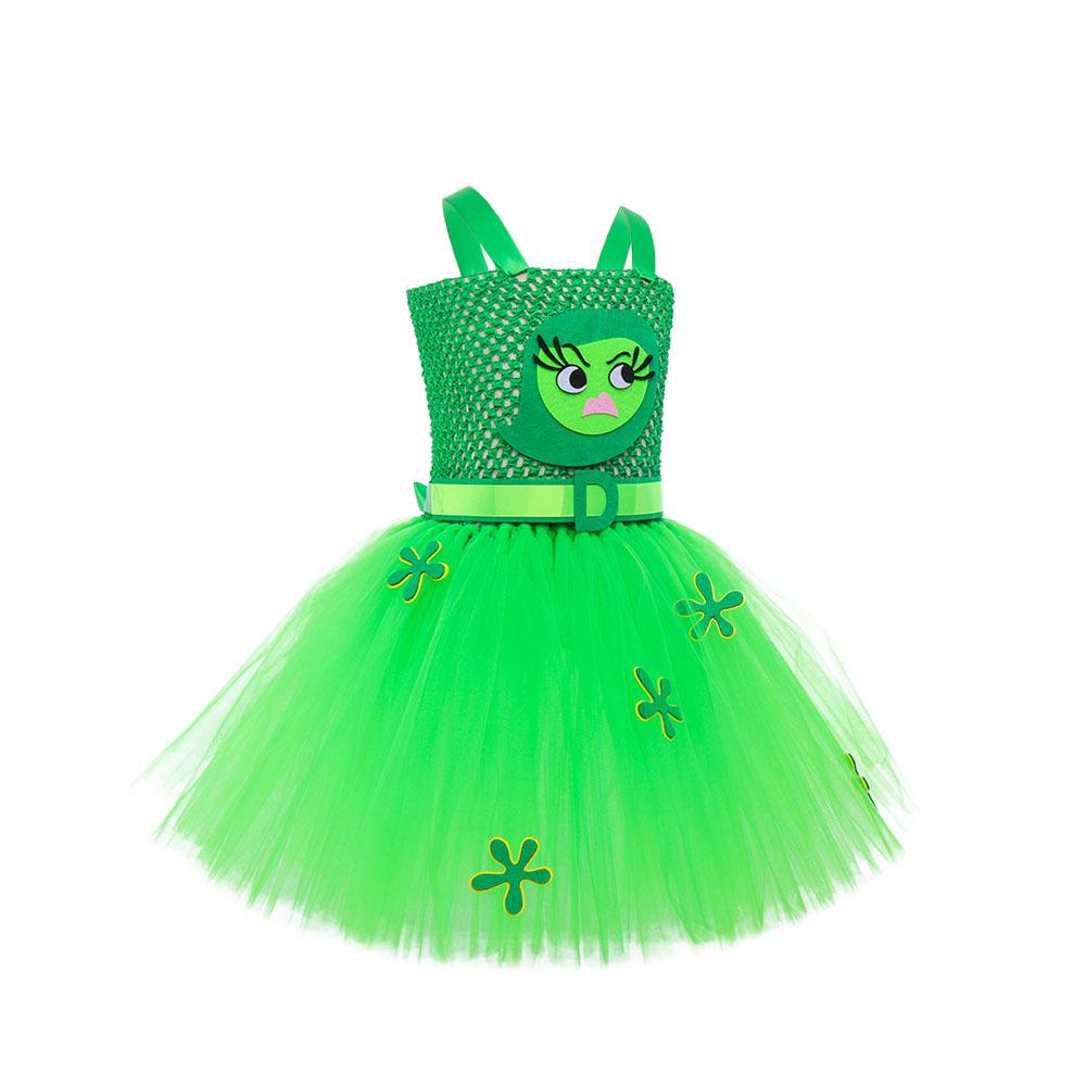 Girls Inside Disgust Costume Green Tutu Dress with Headband Outfit for Halloween Carnival