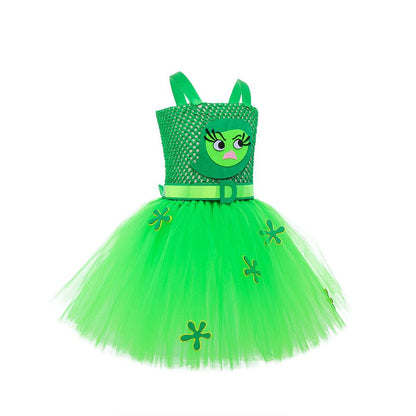 Girls Inside Disgust Costume Green Tutu Dress with Headband Outfit for Halloween Carnival