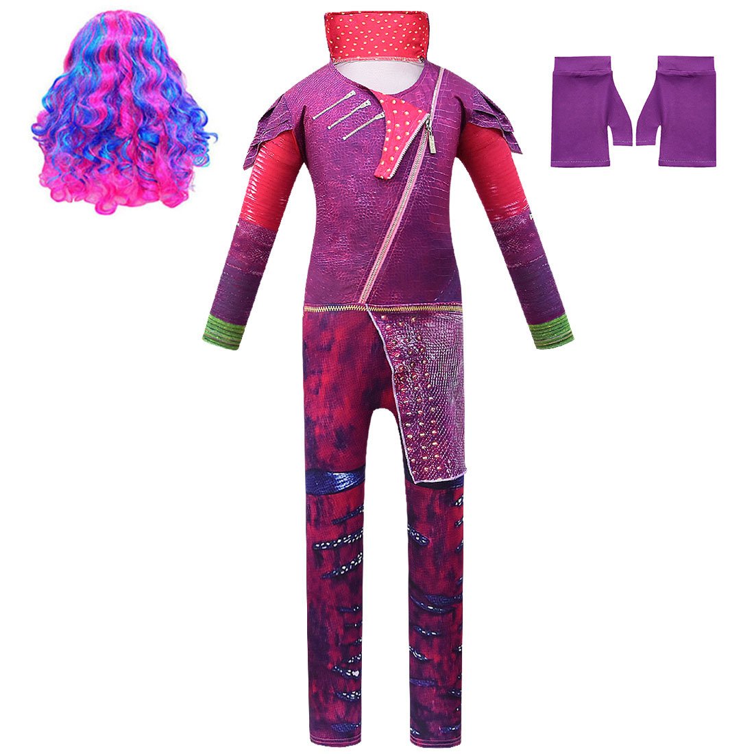 Kids Mal Costume Fashion Dress Up Jumpsuit Wig and Gloves for Halloween Carnival