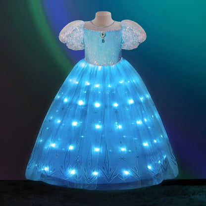 Elsa Dress Girls Princess Dress Fancy Light Up Dress with Cape Snow Queen Party Dress