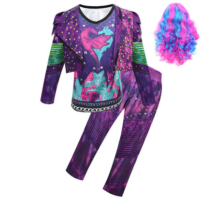 Kids Dragon Queen Outfit Girls Mal Vest Tops Pants and Wigs Full Set for Halloween Carnival