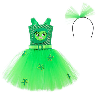 Girls Inside Disgust Costume Green Tutu Dress with Headband Outfit for Halloween Carnival