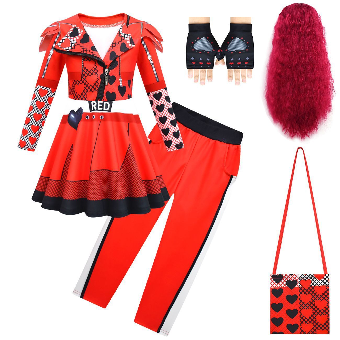 Girls Princess Red Costume Rise of Red Dress Bag Gloves Wig and Pants for Halloween Party