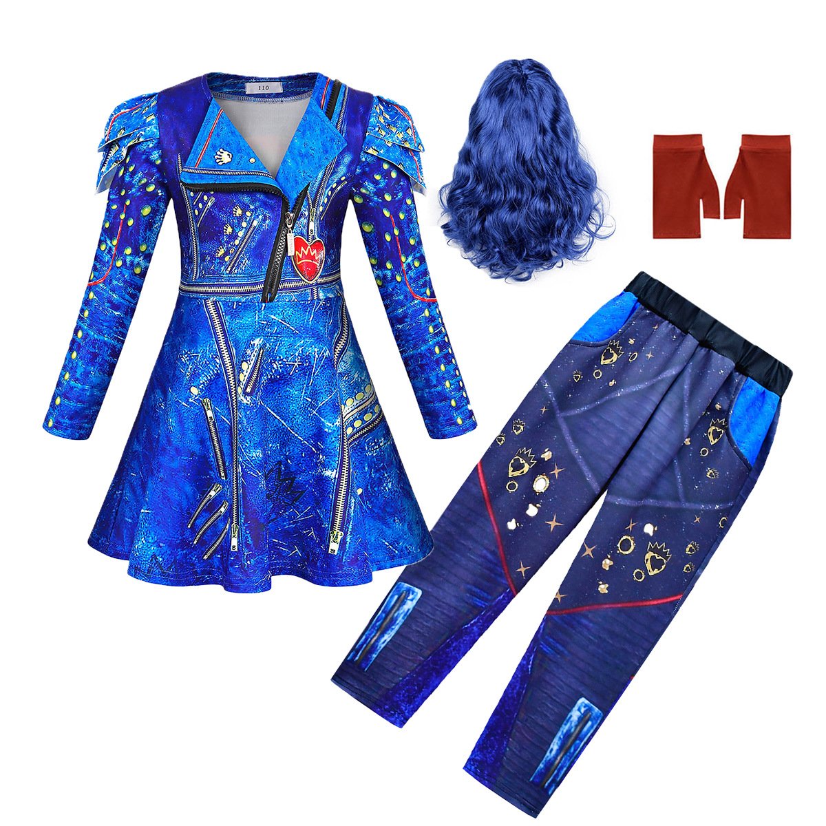 Girls Evie Costume Blue Dress and Wig Cosplay Outfit for Halloween Party