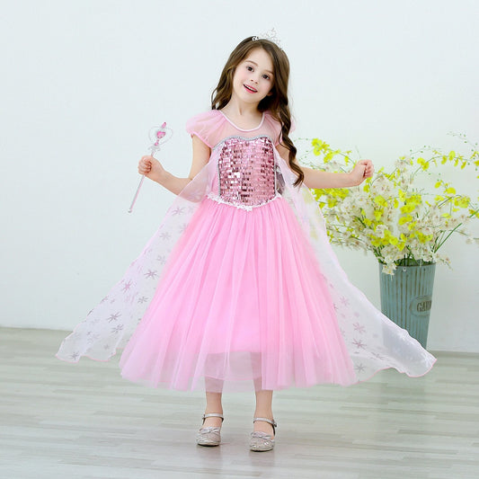 Kids Pink Elsa Dress Summer Party Dress Birthday Dress Up for Girls 3T-10 Years