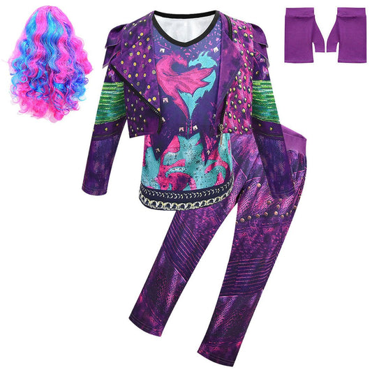 Kids Dragon Queen Outfit Girls Mal Vest Tops Pants and Wigs Full Set for Halloween Carnival