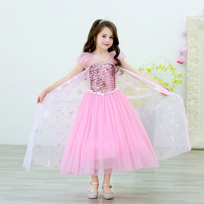 Kids Pink Elsa Dress Summer Party Dress Birthday Dress Up for Girls 3T-10 Years