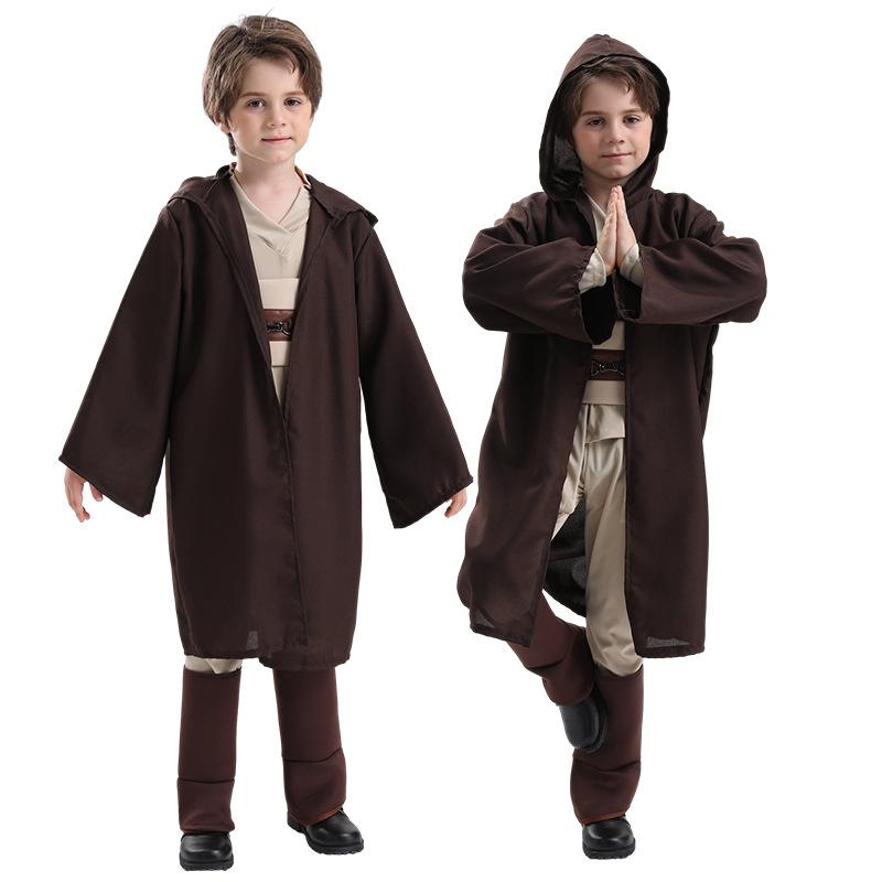 Boys Master Knight Costume Force Master Halloween Outfit Tunic Hooded Robe Pants and Foot Cover Suit