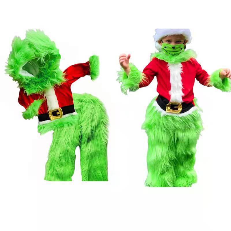 Kids Green Monster Santa Costume Furry Hooded Christmas Outfit for Boys and Girls