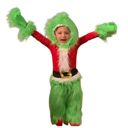 Kids Green Monster Santa Costume Furry Hooded Christmas Outfit for Boys and Girls