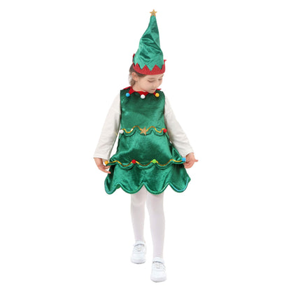 Kids Christmas Tree Costume Green Xmas Dress Hat and White Pantyhose for Girls