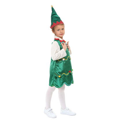 Kids Christmas Tree Costume Green Xmas Dress Hat and White Pantyhose for Girls