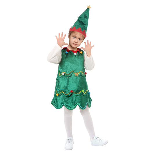 Kids Christmas Tree Costume Green Xmas Dress Hat and White Pantyhose for Girls