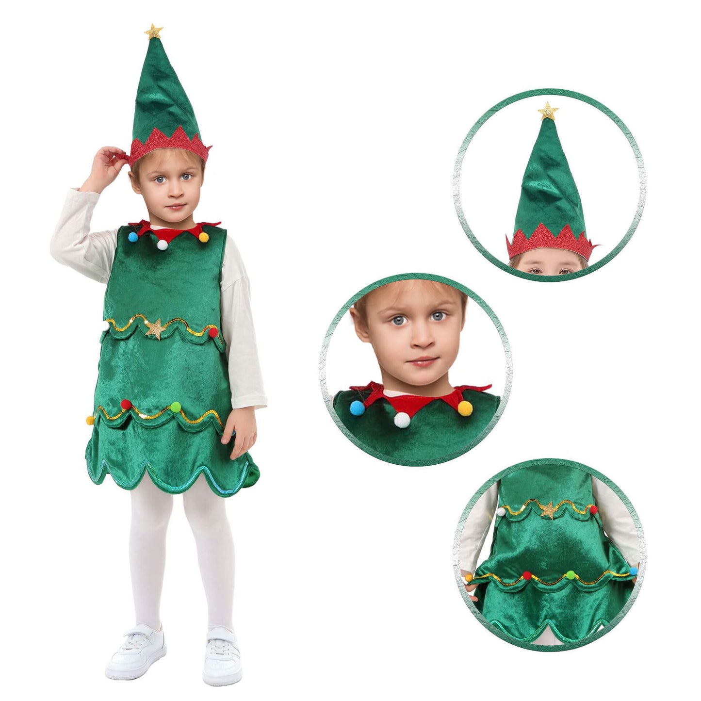 Kids Christmas Tree Costume Green Xmas Dress Hat and White Pantyhose for Girls