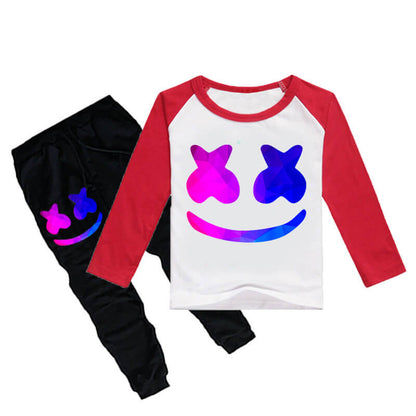 Boys Girls DJ Marshmallo Costume Smile Face Casual Tops and Pants 2pcs Sweatshirt Suit for Kids