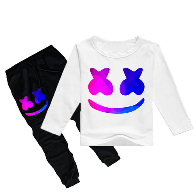 Boys Girls DJ Marshmallo Costume Smile Face Casual Tops and Pants 2pcs Sweatshirt Suit for Kids