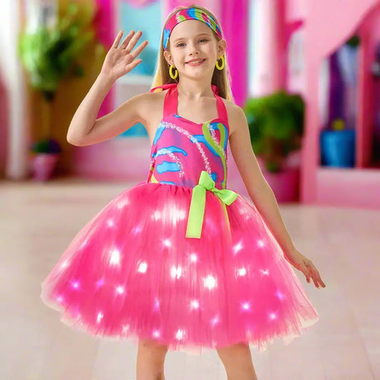 Girls Barbara Light-up Dress Pink Cowgirl LED Dress Iconic Movie Cosplay Costumes