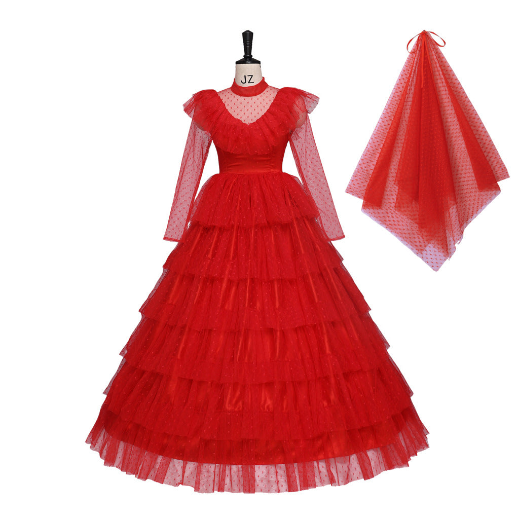 Women Lydia Deetz Costume Red Wedding Dress Horror Movie Beetle Bride Cosplay Outfit