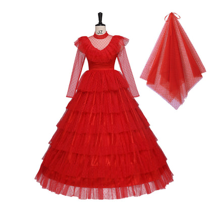 Women Lydia Deetz Costume Red Wedding Dress Horror Movie Beetle Bride Cosplay Outfit