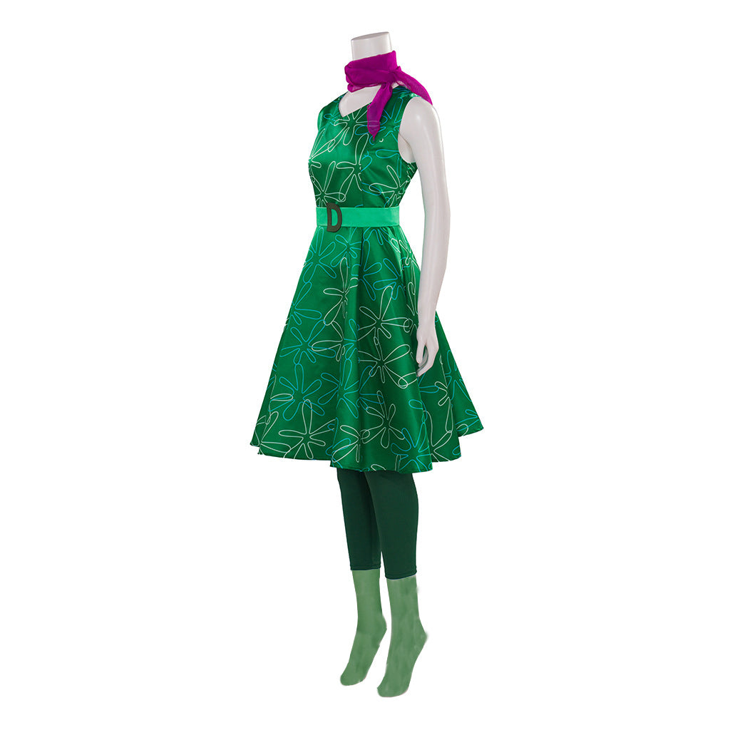 Inside Out Disgust Costume Green Sleeveless High Waist Dress Full Set Women Disgust Cosplay Outfit