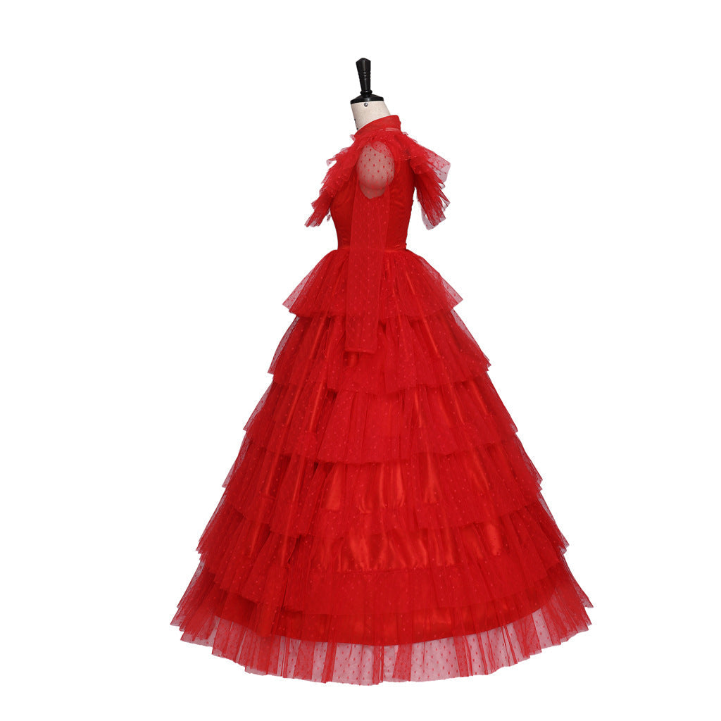 Women Lydia Deetz Costume Red Wedding Dress Horror Movie Beetle Bride Cosplay Outfit