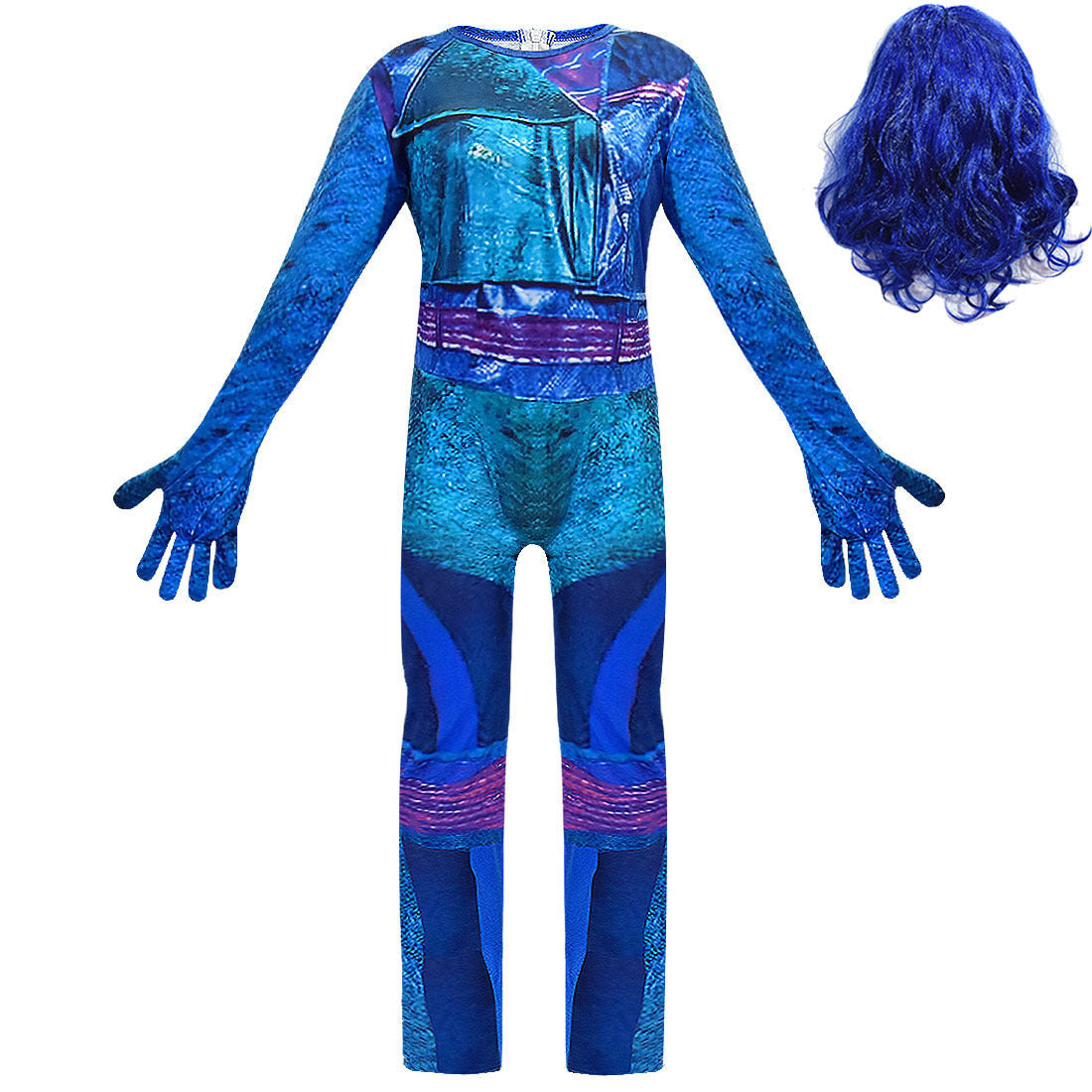 Adult Mal Costume Blue Jumpsuit and Wig for Halloween Carnival Lady Cosplay Outfit