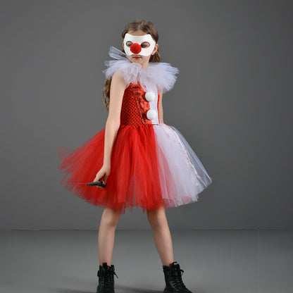 Kids Scary Clown Outfit Killer Clown Dress Mask and Knife Suit for Halloween Cosplay