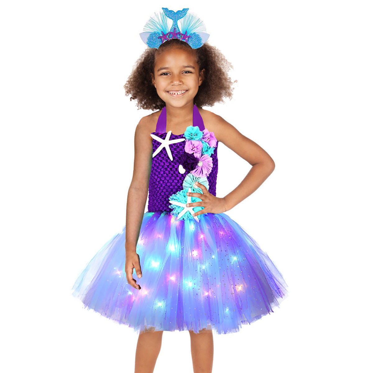 Girls Mermaid Tutu Dress Light Up Princess Dress Glowing Birthday Dress with Headband