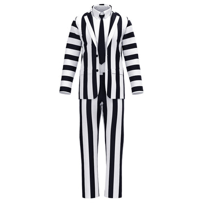 Men's Betelgeuse Costume Black and White Striped Suit Jacket Pants Shirts Outfit for Halloween Cosplay