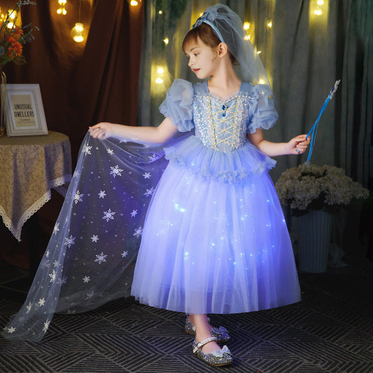 Kids Elsa Dress Light Up Princess Dress with Trailing Cape Ice Queen Glowing Elsa Costume