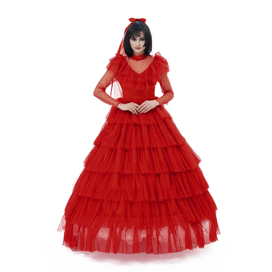 Women Lydia Deetz Costume Red Wedding Dress Horror Movie Beetle Bride Cosplay Outfit