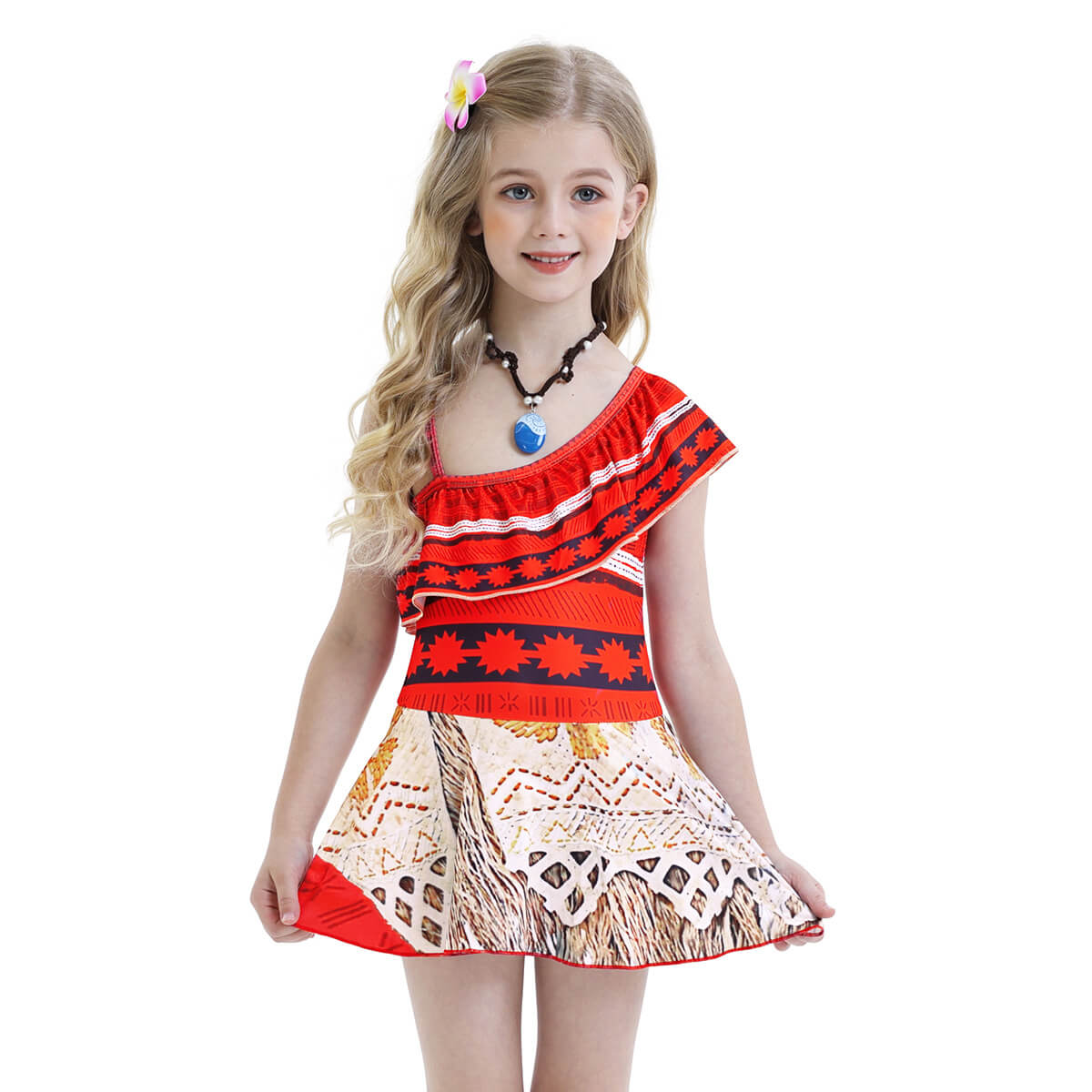 Kids Moana Swimsuits with Necklace Beach Vacation Grils Princess Moana Cosplay Costume