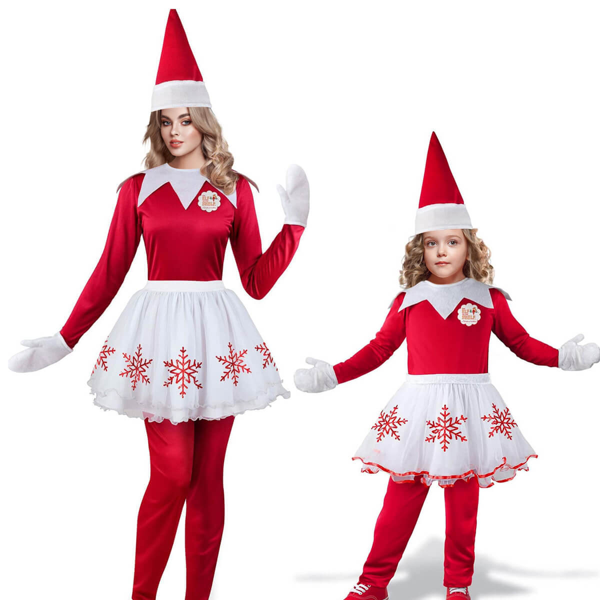 Christmas Elf Costume Mommy and Me Matching Christmas Outfits Jumpsuit Skirt Hat and Mittens 4pcs Suit