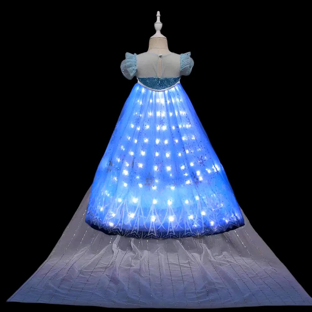 Elsa Costume Princess Dress Girls Light Up Dress Snowflake Trailing Party Dress Birthday Dres