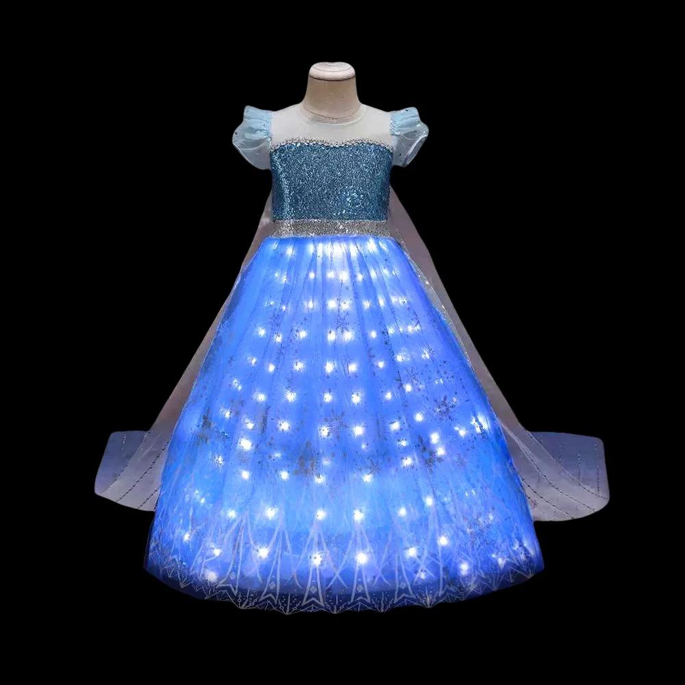 Elsa Costume Princess Dress Girls Light Up Dress Snowflake Trailing Party Dress Birthday Dres