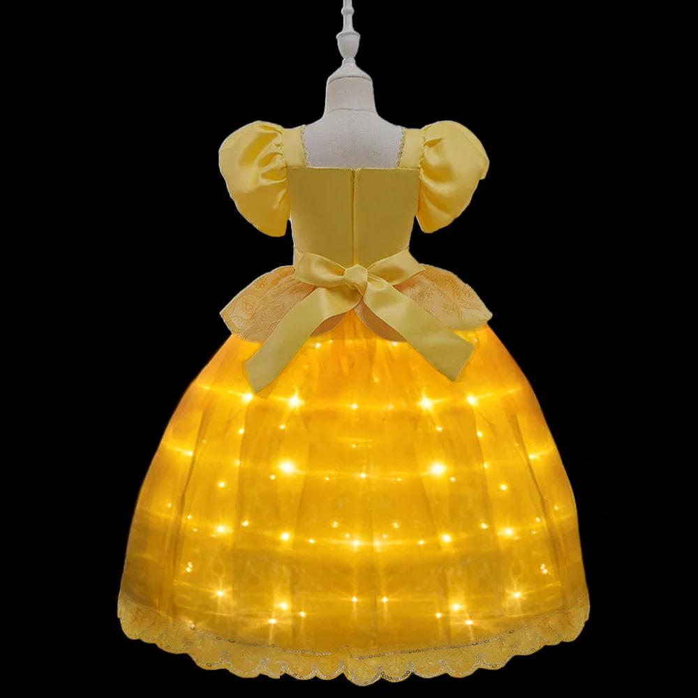 Girl Princess Belle Light Up Dress Glowing Princess Beauty LED Puff Sleeve Ball Gown