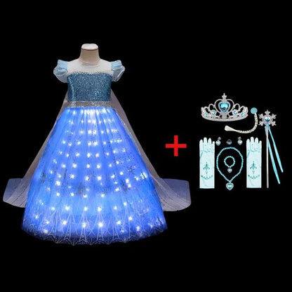 Elsa Costume Princess Dress Girls Light Up Dress Snowflake Trailing Party Dress Birthday Dres