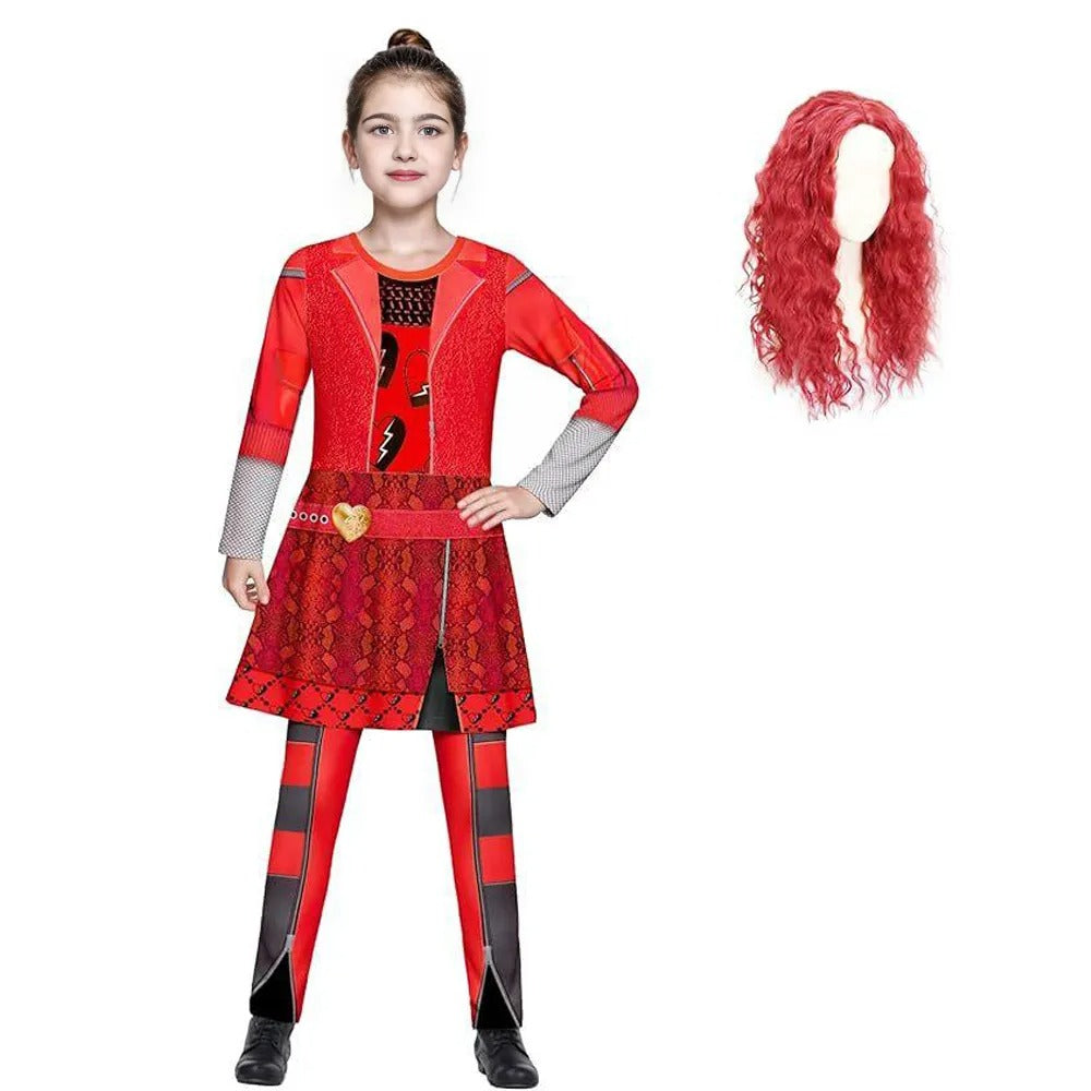 Girls Princess Red Costume Jumpsuit and Wig 2pcs Suit for Halloween Cosplay