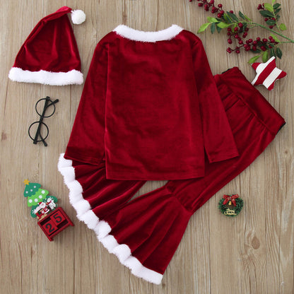 Toddler Kids Christmas Costume 3Pcs Velvet Tops Pants Hat Suit Little Santa XMAS Outfit for Gilrs