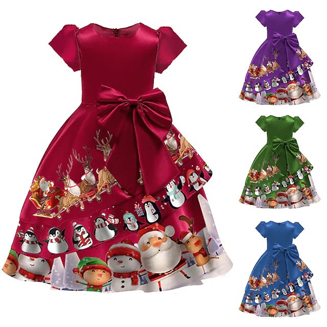 Christmas Party Dress Toddler Kids Short Sleeve Dress Santa Claus Elk Snowman Christmas Dress