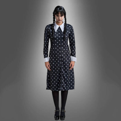 Girls Wednesday Addams Costume White Peter Pan Collar Wednesday Dress and Wig