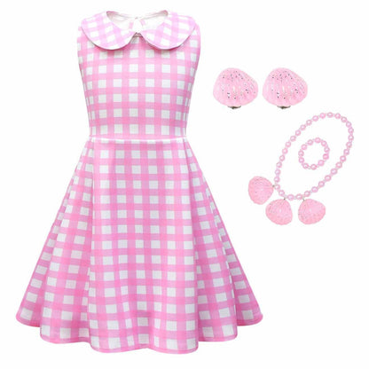 Kids Pink Plaid Dress Sleeveless Party Outfit with Accessories Girls Halloween Cosplay Costume