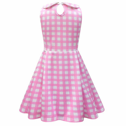 Kids Pink Plaid Dress Sleeveless Party Outfit with Accessories Girls Halloween Cosplay Costume